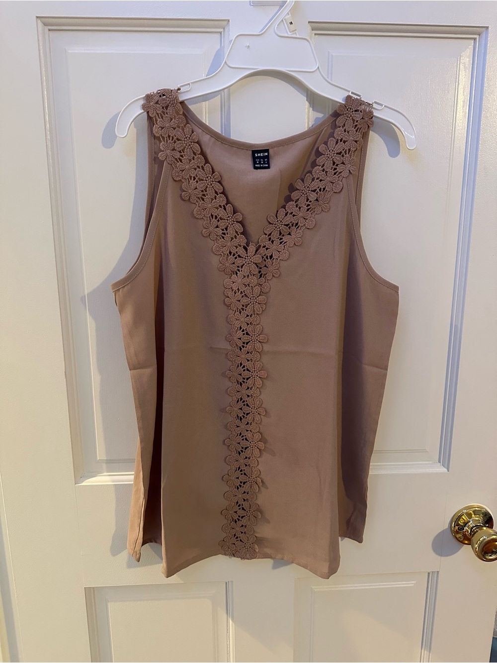 Tan Floral-Trim V-Neck Sleeveless Top